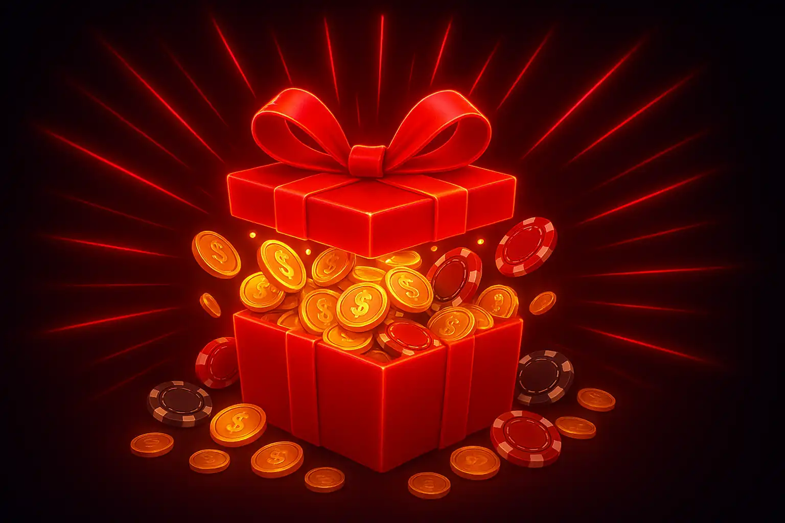 Red neon bonus coins and gift box graphic representing Pawbets casino promotions